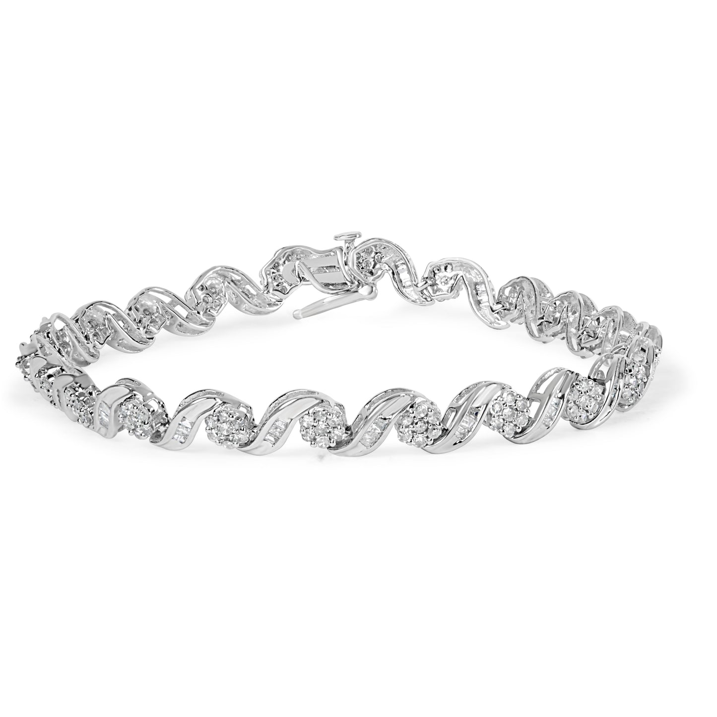 10K White Gold 2.00 Cttw Round-Cut and Baguette-Cut Diamond Floral Design Swirl Link 7" Bracelet (I-J Color, I1-I2 Clarity)