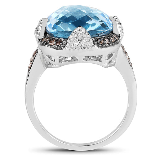 8.29 Carat Genuine Swiss Blue Topaz, Champagne Diamond and White Diamond .925 Sterling Silver Ring