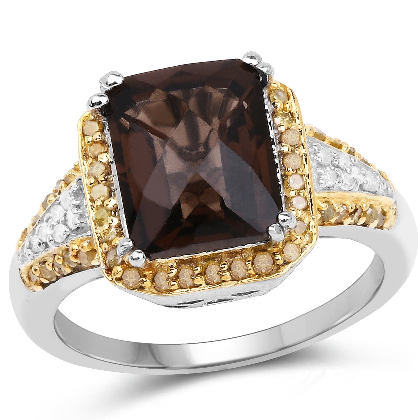 3.48 Carat Genuine Smoky Quartz, Yellow Diamond and White Diamond .925 Sterling Silver Ring