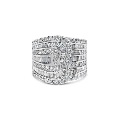 10K White Gold 2 1/2 Cttw Round and Baguette-Cut Diamond Multi-Row Bypass Ring (J-K Color, I2-I3 Clarity) - Ring Size 7