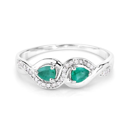 0.35 Carat Genuine Zambian Emerald and White Diamond 14K White Gold Ring