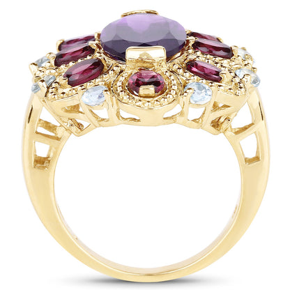 14K Yellow Gold Plated 6.80 Carat Genuine Amethyst, Rhodolite & Blue Topaz .925 Sterling Silver Ring