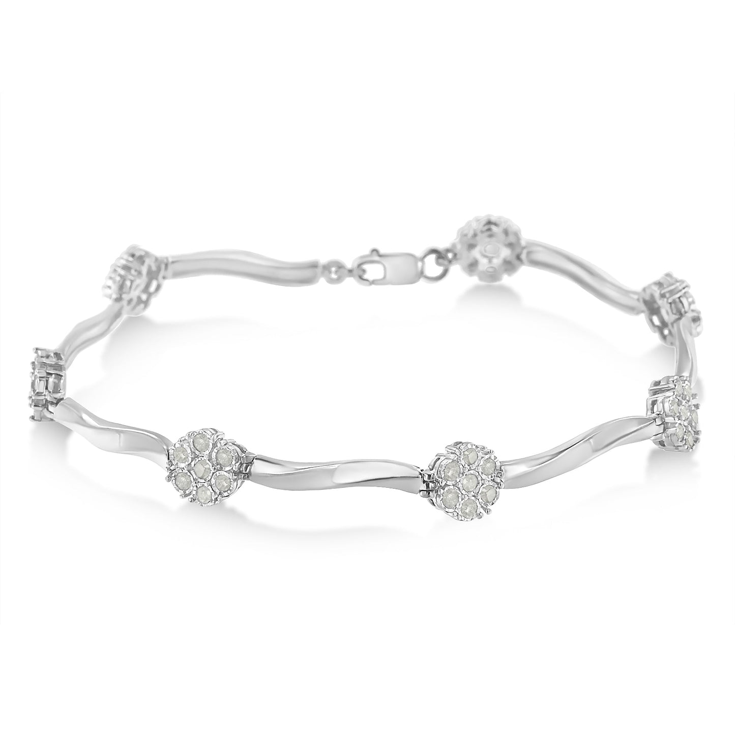 .925 Sterling Silver 1/4 Cttw Diamond Cluster Miracle-Set Station & Twisted Bar 7" Tennis Bracelet (H-I Color, I2-I3 Clarity)