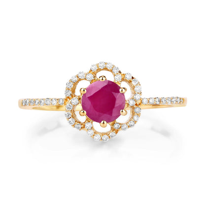 0.68 Carat Genuine Ruby and White Diamond 14K Yellow Gold Ring
