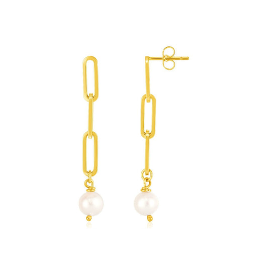Boucles d'oreilles maillons trombone en or jaune 14 carats avec perles