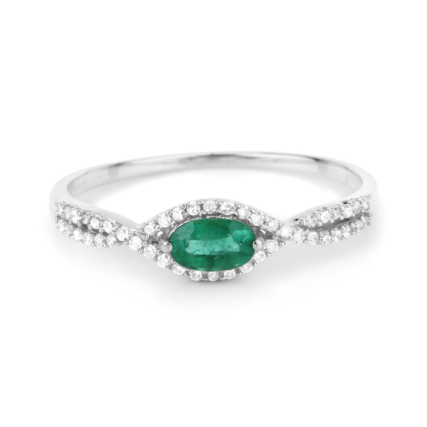 0.32 Carat Genuine Zambian Emerald and White Diamond 14K White Gold Ring