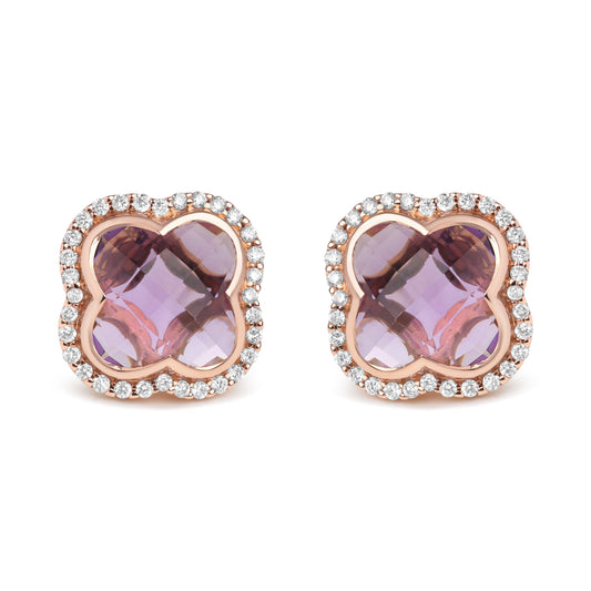 Boucles d'oreilles clous trèfle en or rose 18 carats avec diamants 0,37 carat et améthystes violettes taillées en trèfle 11x11mm (couleur G-H, pureté SI1-SI2)
