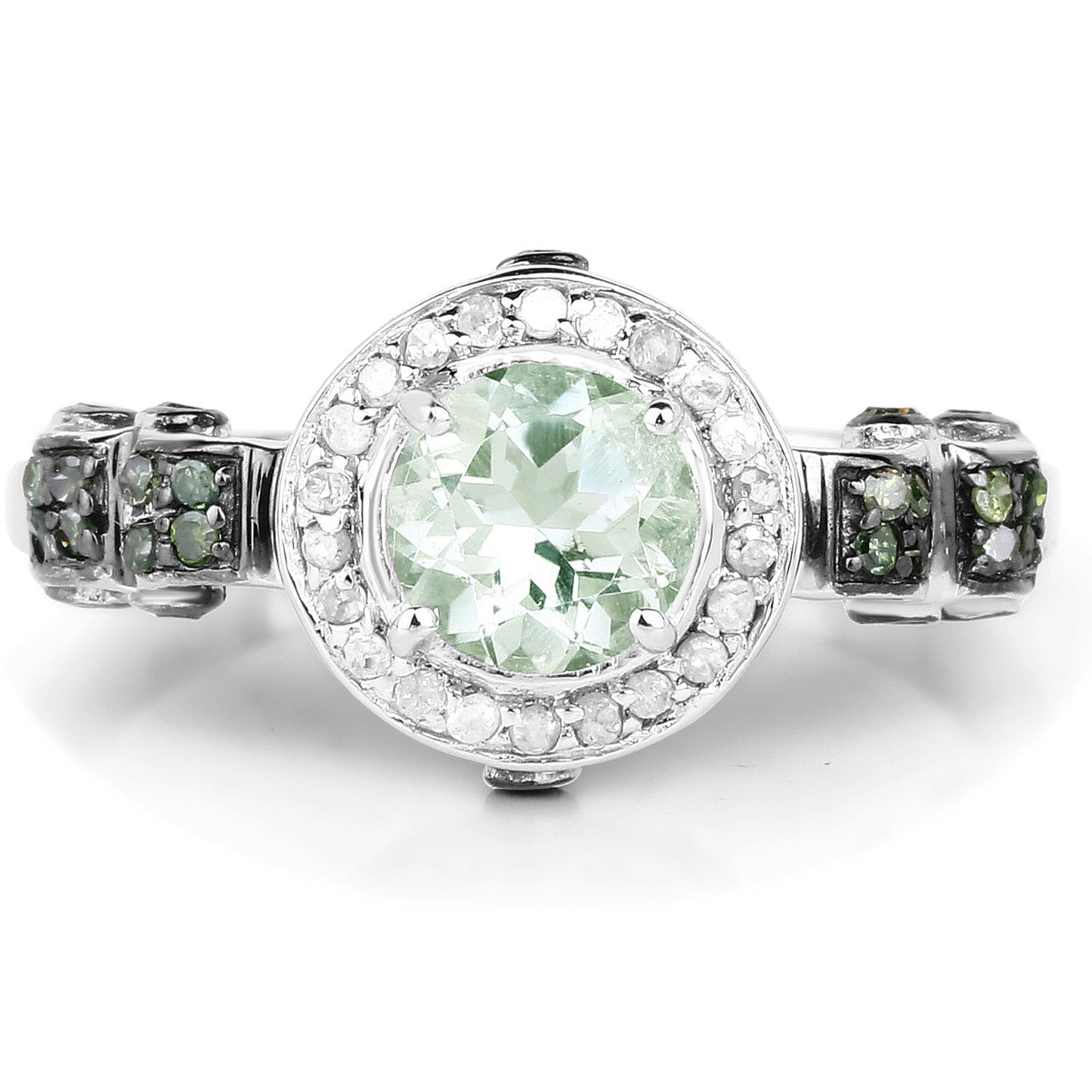 1.07 Carat Genuine Green Amethyst, Green Diamond and White Diamond .925 Sterling Silver Ring