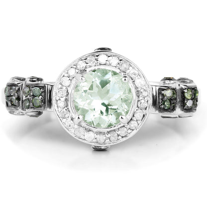1.07 Carat Genuine Green Amethyst, Green Diamond and White Diamond .925 Sterling Silver Ring