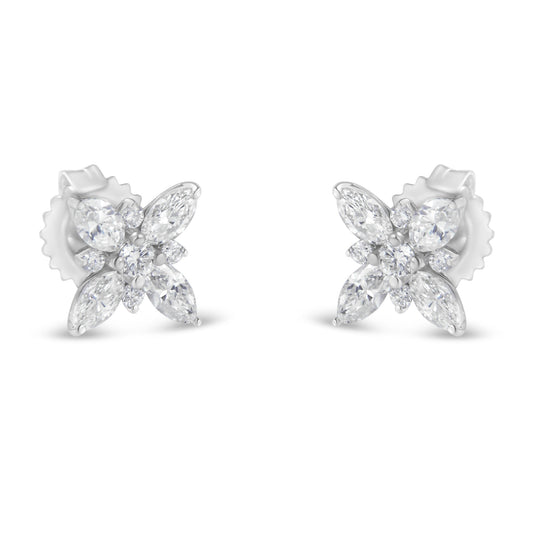 Boucles d'oreilles clous fleur en or blanc 14K avec diamants taille marquise (1,00 carat total, couleur H-I, pureté SI1-SI2)