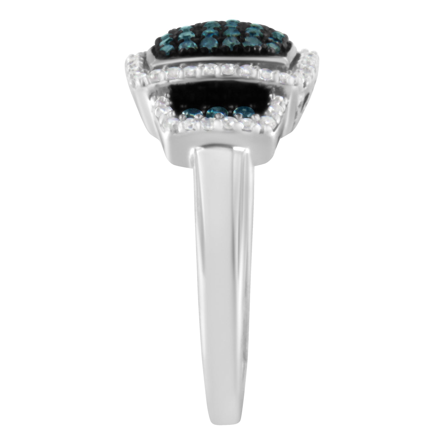 Black Rhodium Plated .925 Sterling Silver 1/2 Cttw White & Blue Diamond Square Halo Cocktail Ring (Fancy Blue & H-I Color, I2-I3 Clarity) - SIze 6