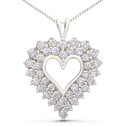 925 Sterling Silver 4.0 Cttw Diamond Two Row Open Heart 18" Pendant Necklace (I-J Color, I2-I3 Clarity)