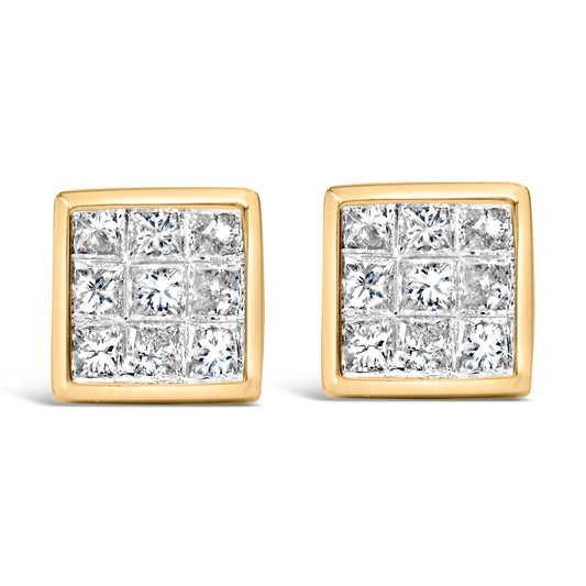 Boucles d'oreilles clous en or jaune 14 carats avec diamants taille princesse composites 1,0 carats avec fermoirs à vis (couleur J-K, pureté SI1-SI2)