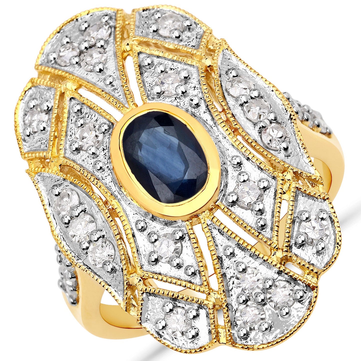 1.54 Carat Genuine Blue Sapphire and White Diamond .925 Sterling Silver Ring