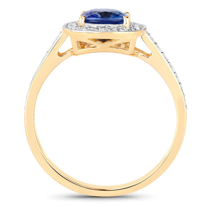 1.31 Carat Genuine Blue Sapphire and White Diamond 18K Yellow Gold Ring