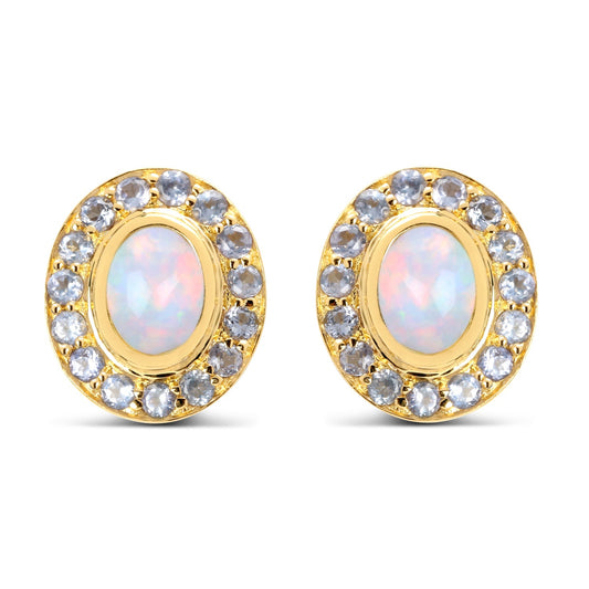Boucles d'oreilles en argent sterling .925 plaqué or jaune 14 carats avec opale éthiopienne véritable de 2,01 carats et tanzanite