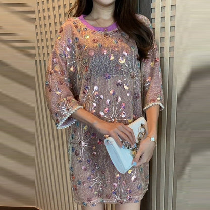 European Summer Loose Sequin Short Sleeve T-Shirt