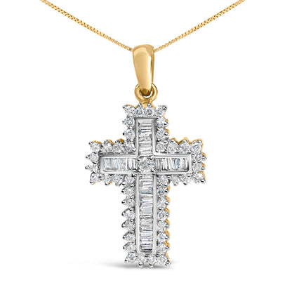 14K Yellow Gold 2.0 Cttw Multi-Row Diamond Cross Pendant Necklace