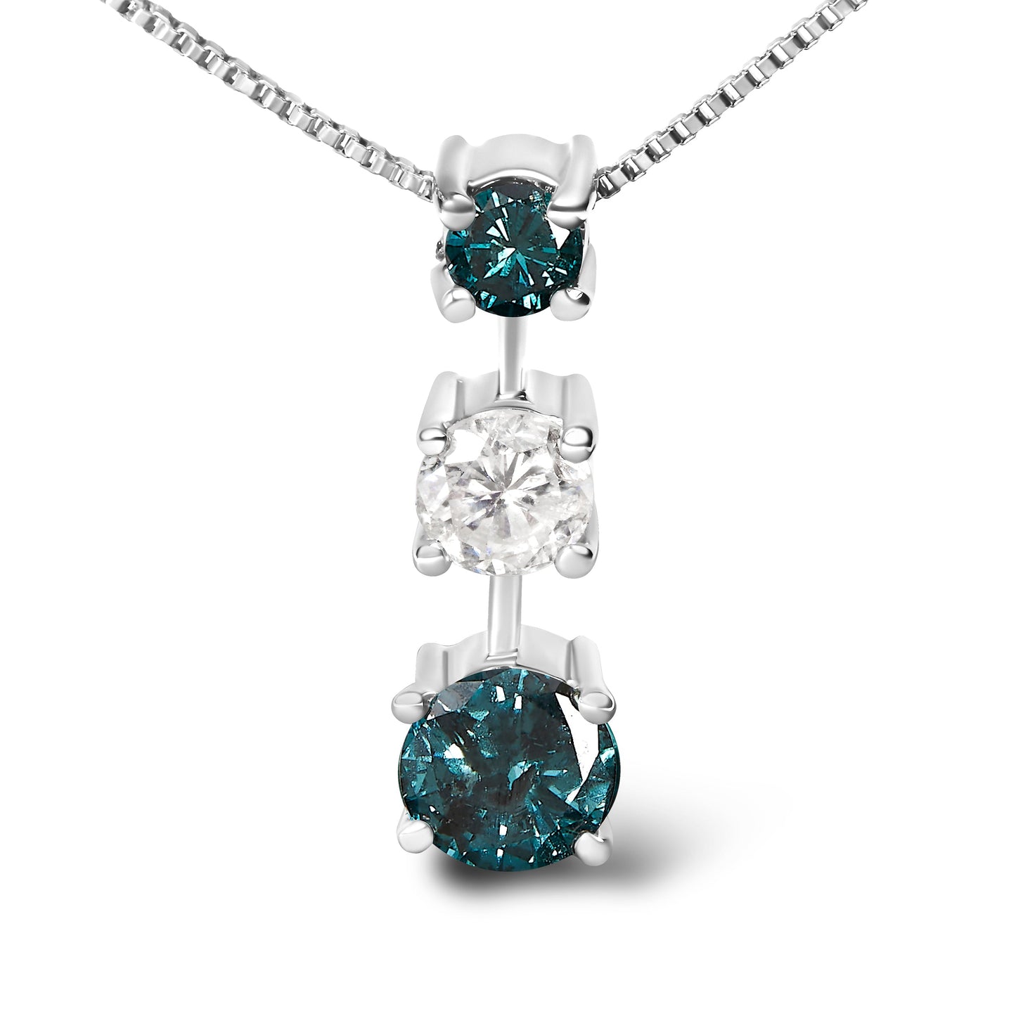 14K White Gold 1 1/2 Cttw Treated Blue and White Diamond 3-Stone 18" Pendant Necklace (Blue/H-I Color, I1-I2 Clarity)