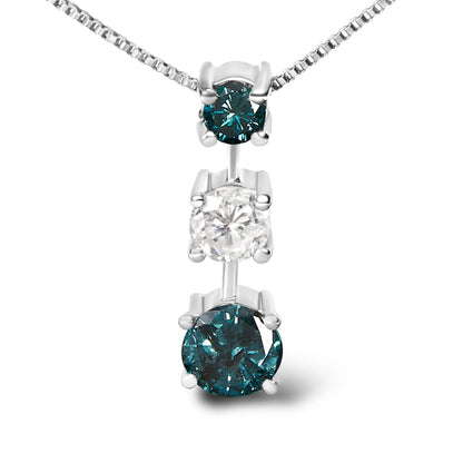 14K White Gold 1 1/2 Cttw Treated Blue and White Diamond 3-Stone 18" Pendant Necklace (Blue/H-I Color, I1-I2 Clarity)