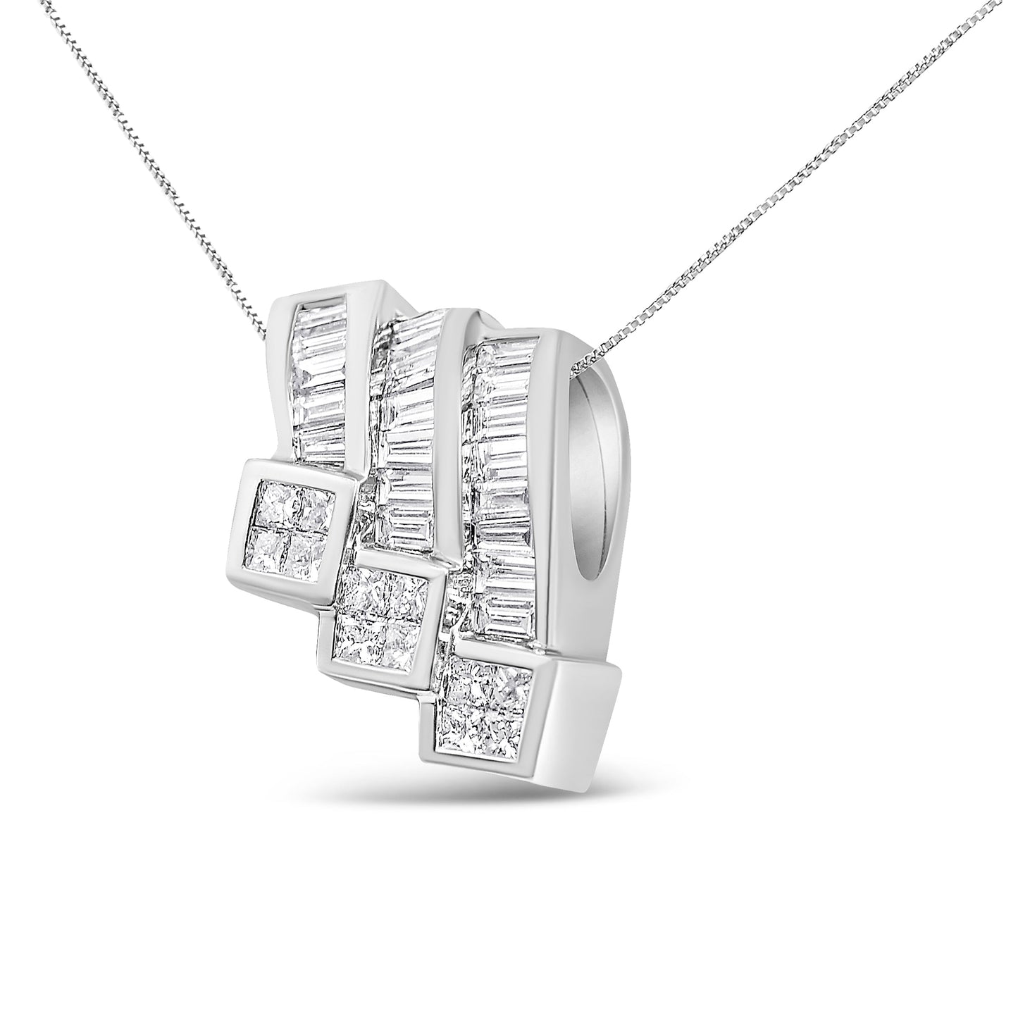 14K White Gold 1 1/2 Cttw Invisible Set Princess and Channel Set Baguette-cut Diamond Triple Curve Pendant Necklace (G-H Color, SI1-SI2 Clarity) - NO CHAIN INCLUDED
