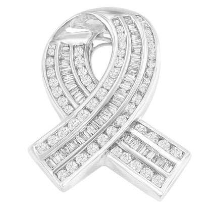 14K White Gold 2 5/8 Cttw Channel Set Round and Baguette Diamond Awareness Ribbon Pendant (H-I Color, I1-I2 Clarity) - Chain Not Included