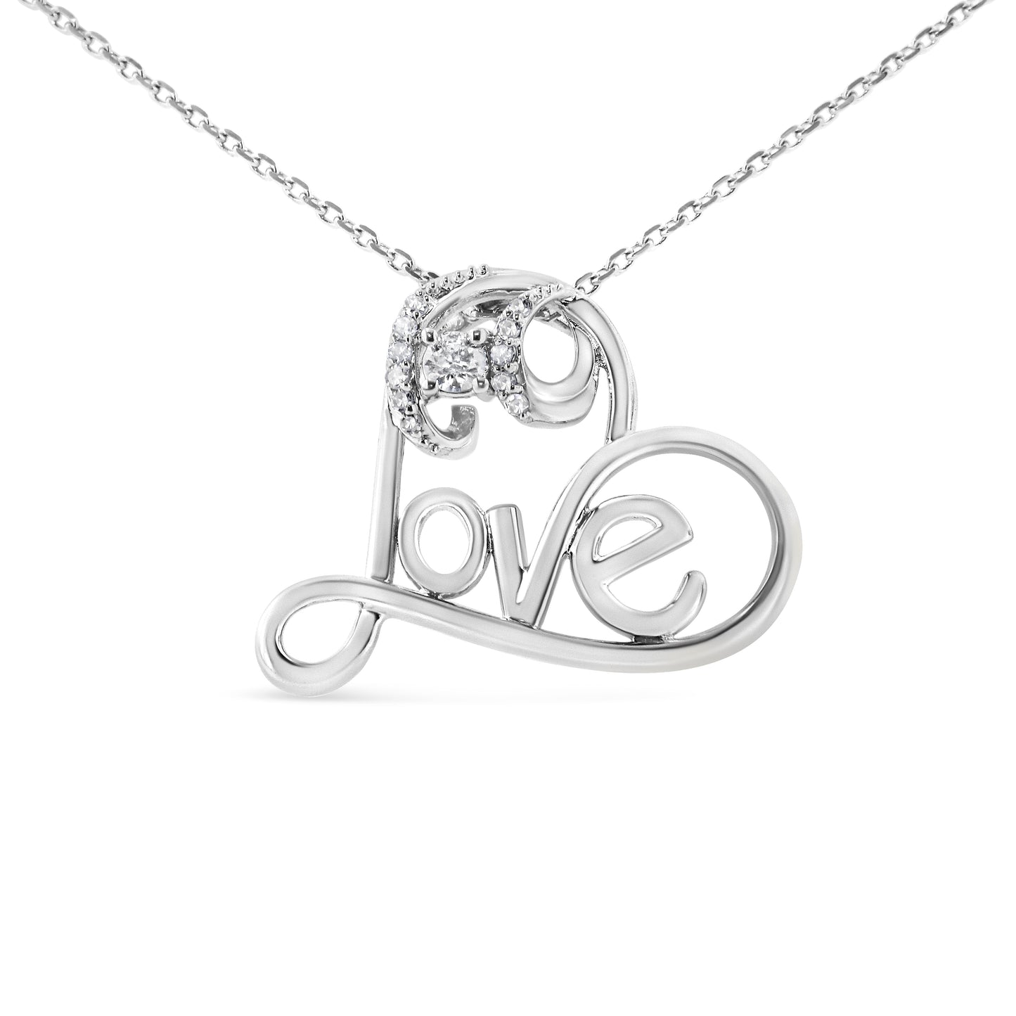 .925 Sterling Silver 1/6 Cttw Round Brilliant-Cut Diamond Accented Open Heart with Love 18" Pendant Necklace (H-I Color, I1-I2 Clarity)