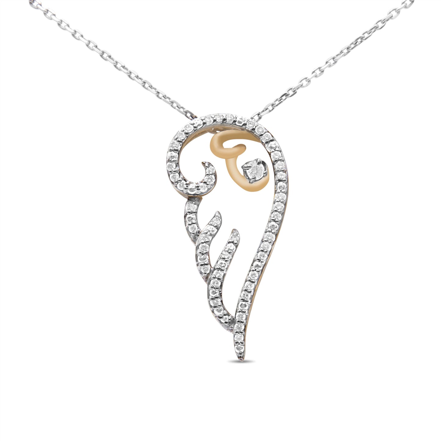 10K Yellow Gold over .925 Sterling Silver 1/4 Cttw Diamond Angel Wing 18" Pendant Necklace (H-I Color, I1-I2 Clarity)