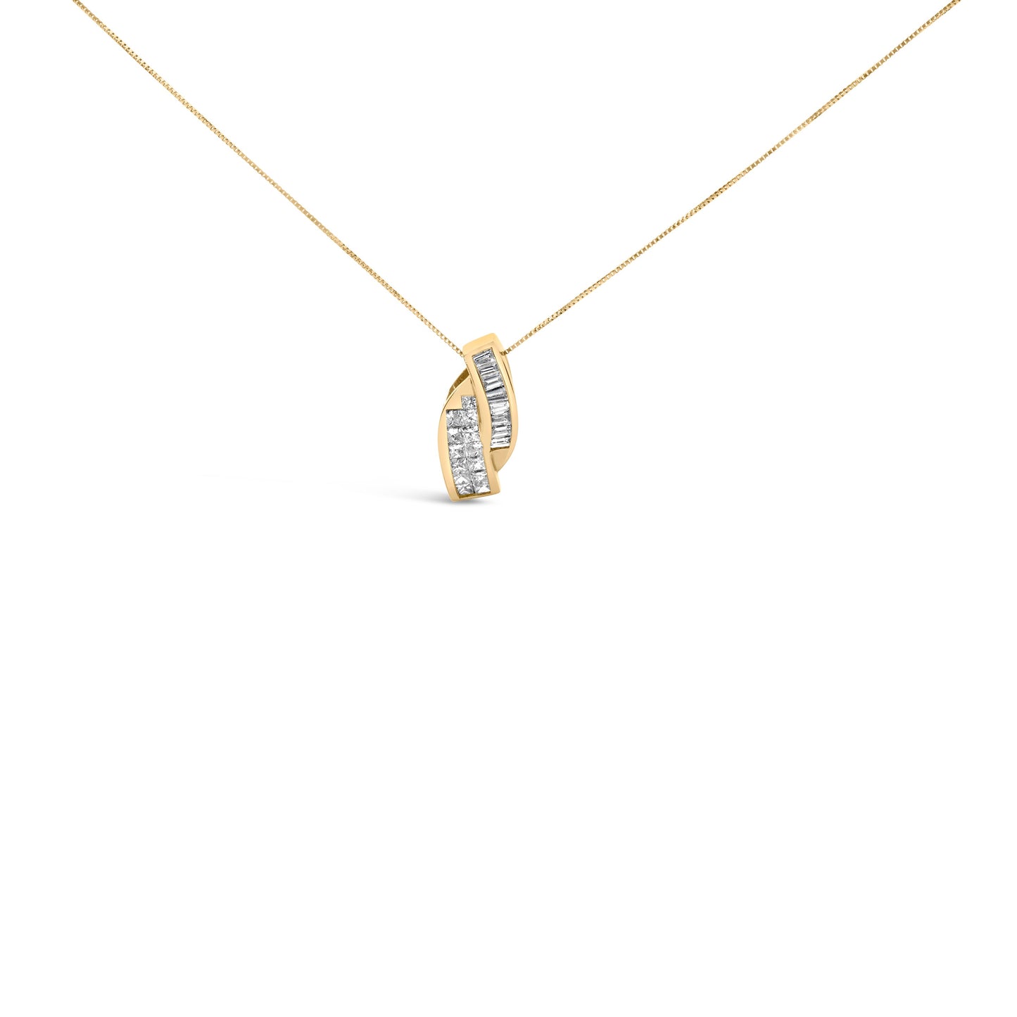 14k Yellow Gold 1 1/3 Cttw Princess and Baguette-cut Diamond Double Curved Pendant Necklace (H-I Color ,VS1-VS2 Clarity) - NO CHAIN INCLUDED