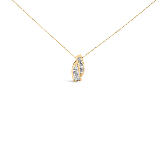 Pendentif double courbé en or jaune 14 carats avec diamants taille princesse et baguette (1,33 carat au total, couleur H-I, clarté VS1-VS2) - CHAÎNE NON INCLUSE