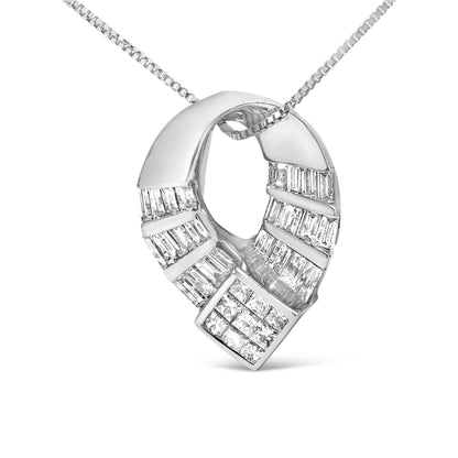 14k White Gold 1 5/8 Cttw Invisible Set Princess and Channel Set Baguette Diamond Curved Oval Shape Pendant Necklace (G-H Color, VS2-SI1 Clarity)