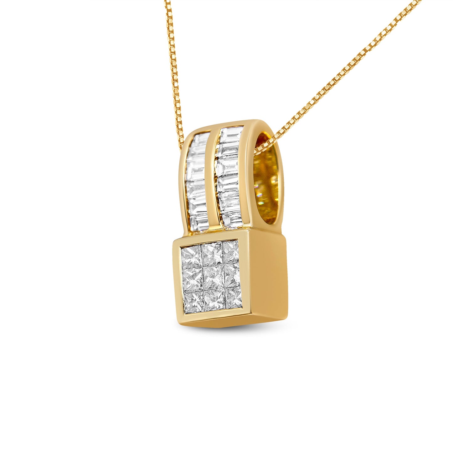 14K Yellow Gold 1 1/4 cttw Princess and Baguette Cut Geometric Inspired Diamond Pendant Necklace (H-I, VS1-VS2)