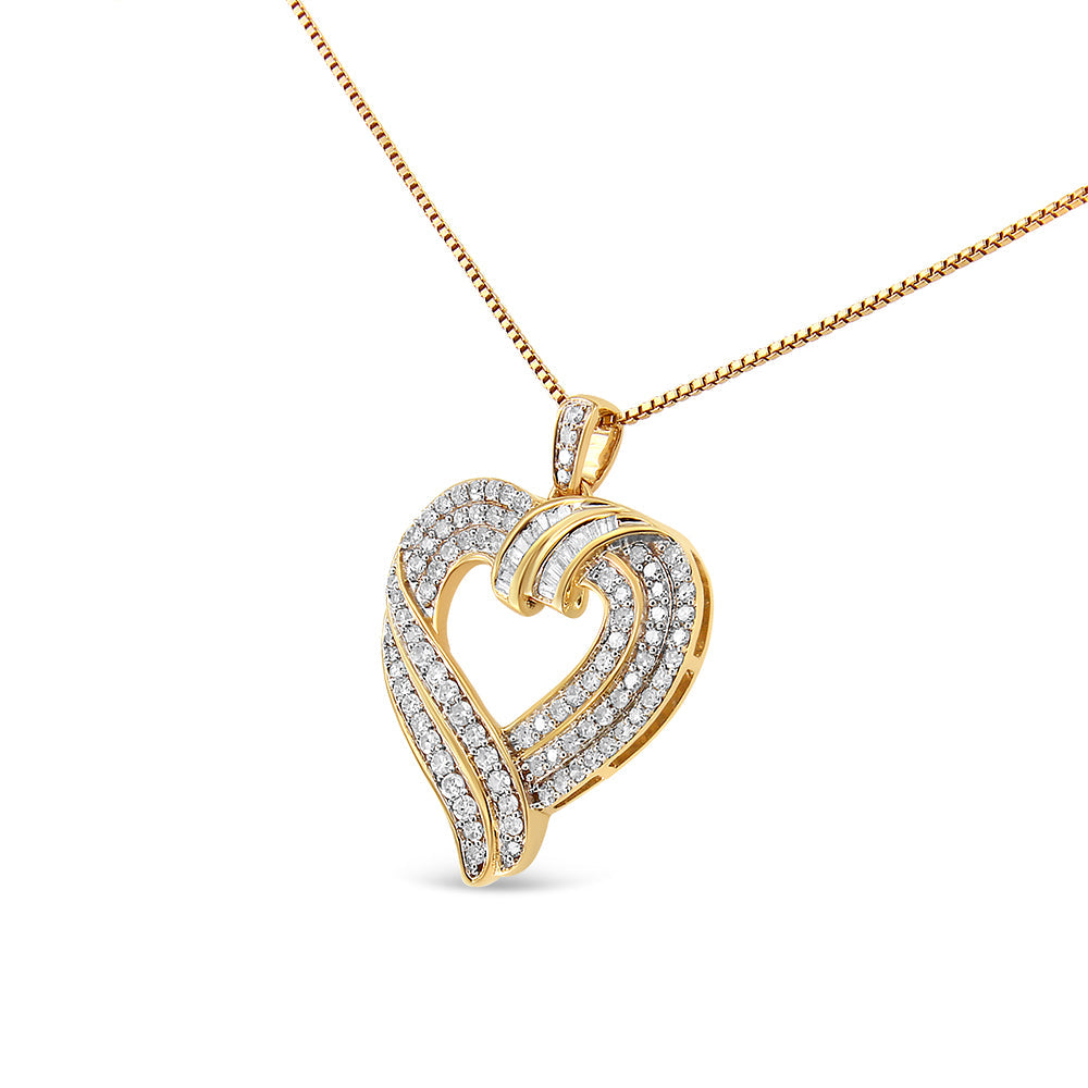 14K Yellow Gold Plated .925 Sterling Silver 1.00 Cttw Baguette Diamond Composite Open Heart 18" Inch Pendant Necklace (I-J Color, I1-I2 Clarity)