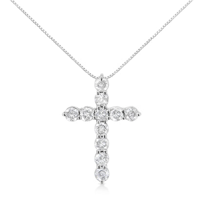 .925 Sterling Silver 1.0 Cttw Prong Set Round-Cut Diamond Cross 18" Pendant Necklace (I-J Color, I2-I3 Clarity)