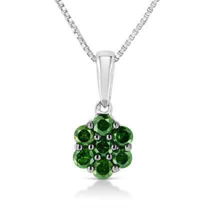.925 Sterling Silver 1/2 Cttw Prong Set Treated Green Diamond Floral Cluster 18" Pendant Necklace (Green Color, I1-I2 Clarity)