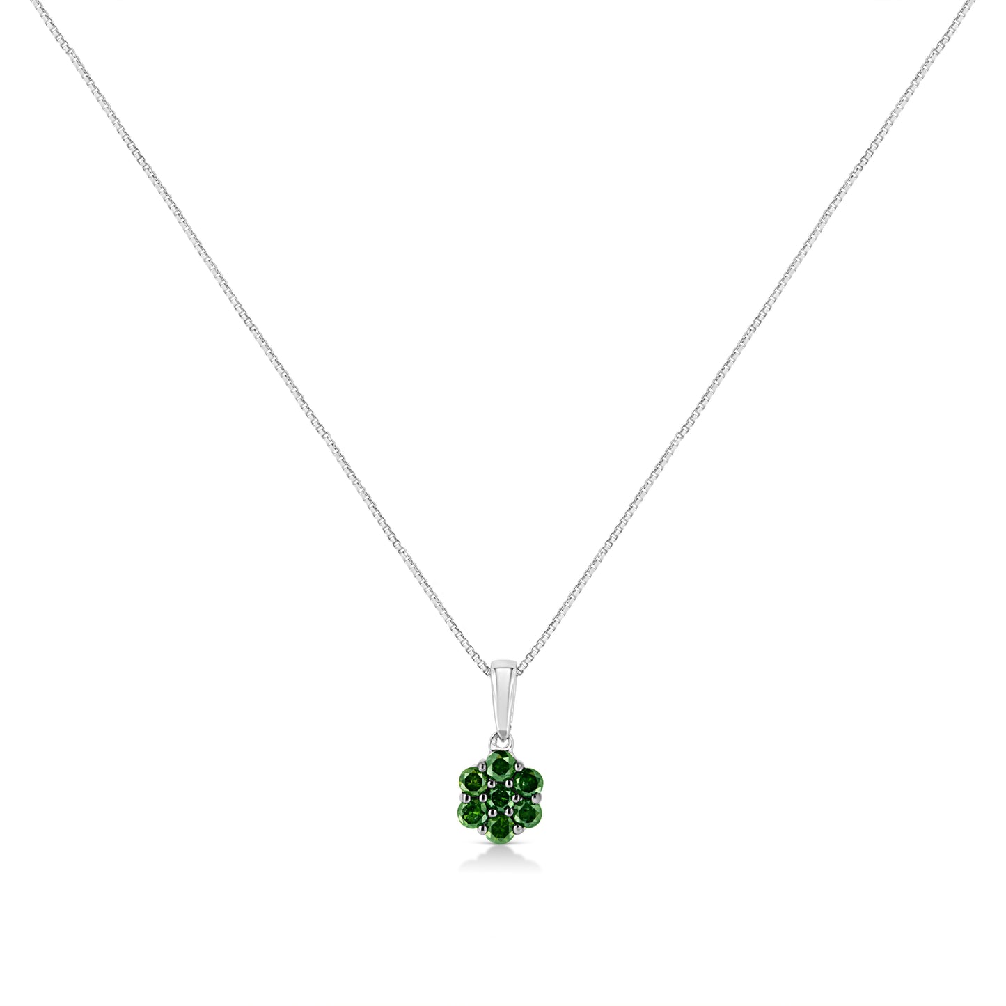 .925 Sterling Silver 1/2 Cttw Prong Set Treated Green Diamond Floral Cluster 18" Pendant Necklace (Green Color, I1-I2 Clarity)
