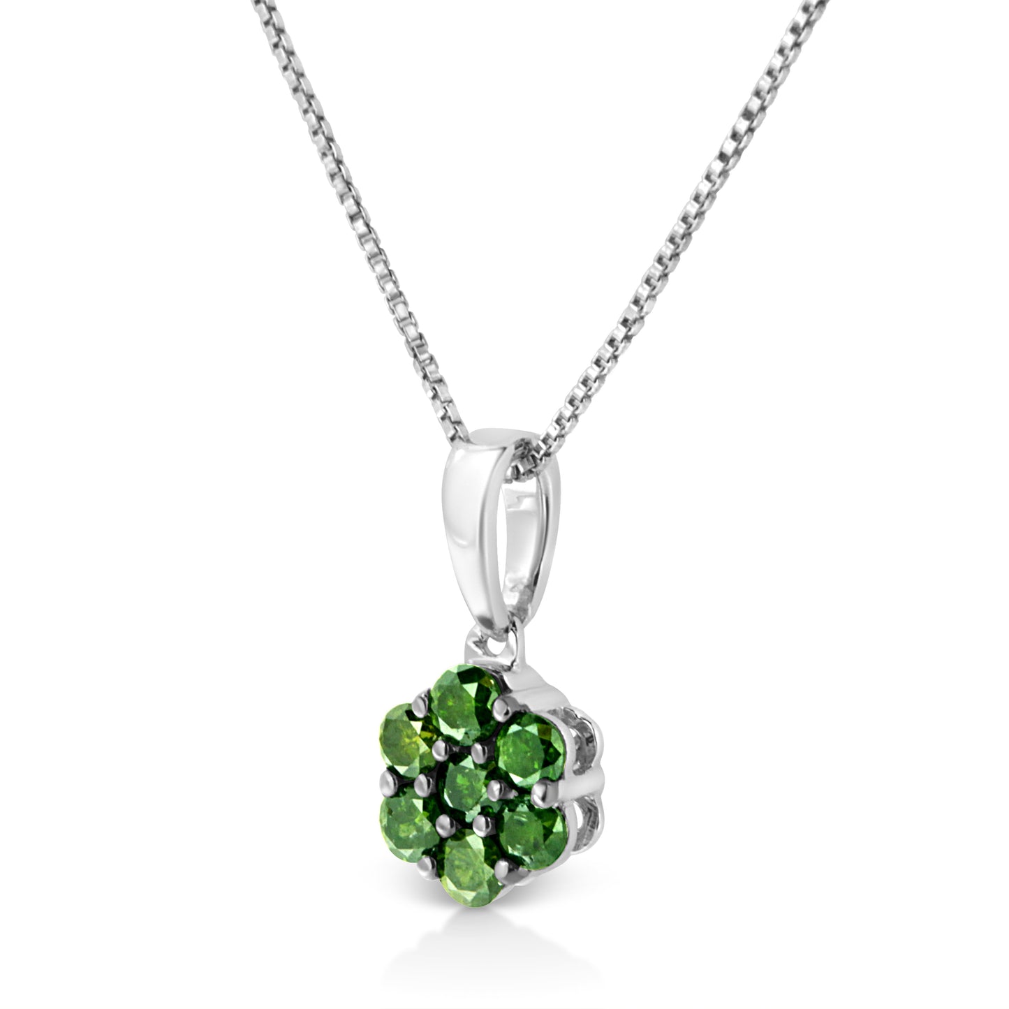.925 Sterling Silver 1/2 Cttw Prong Set Treated Green Diamond Floral Cluster 18" Pendant Necklace (Green Color, I1-I2 Clarity)