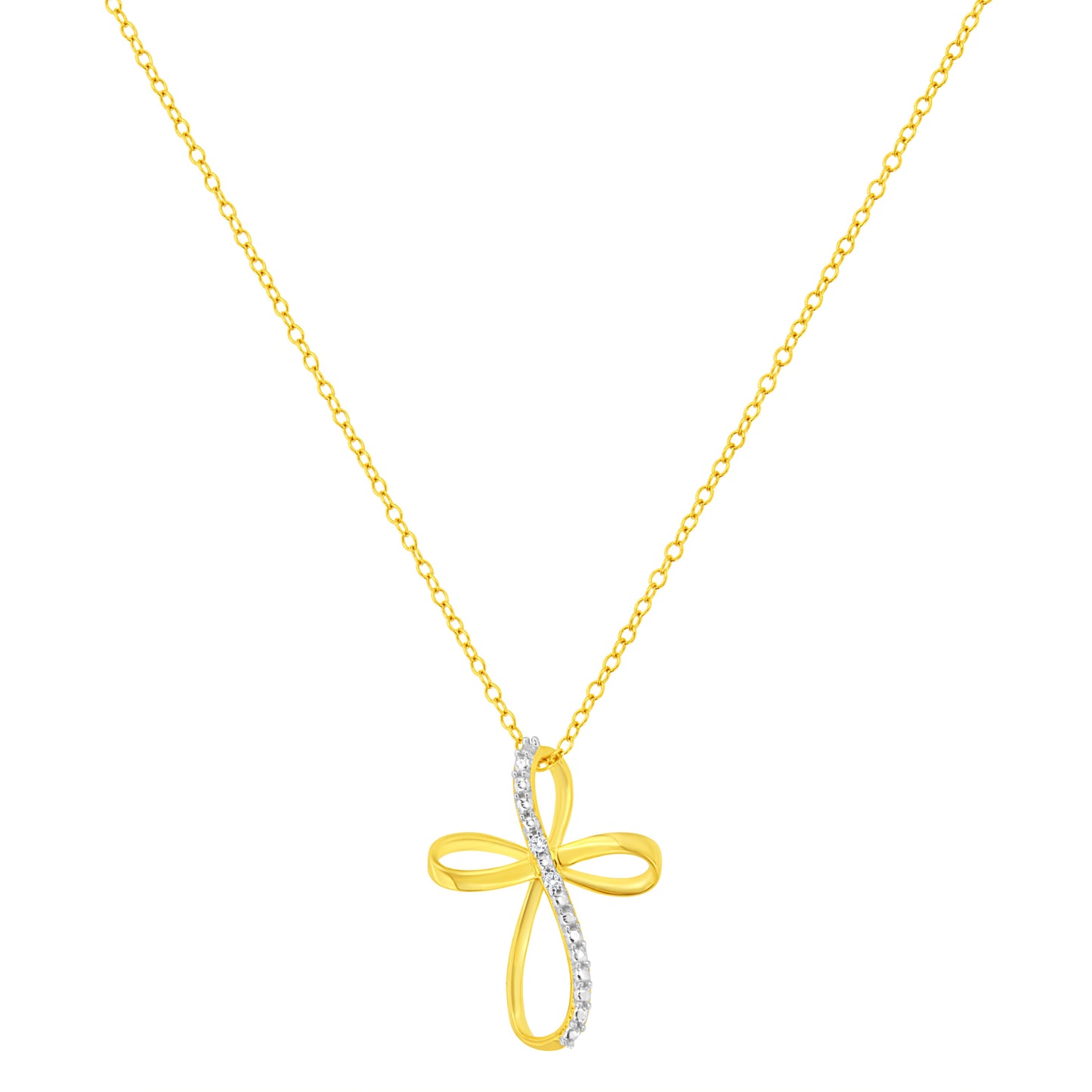 10K Yellow Gold Plated .925 Sterling Silver Diamond Accent Cross Ribbon 18" Pendant Necklace (I-J Color, I2-I3 Clarity)