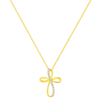 10K Yellow Gold Plated .925 Sterling Silver Diamond Accent Cross Ribbon 18" Pendant Necklace (I-J Color, I2-I3 Clarity)