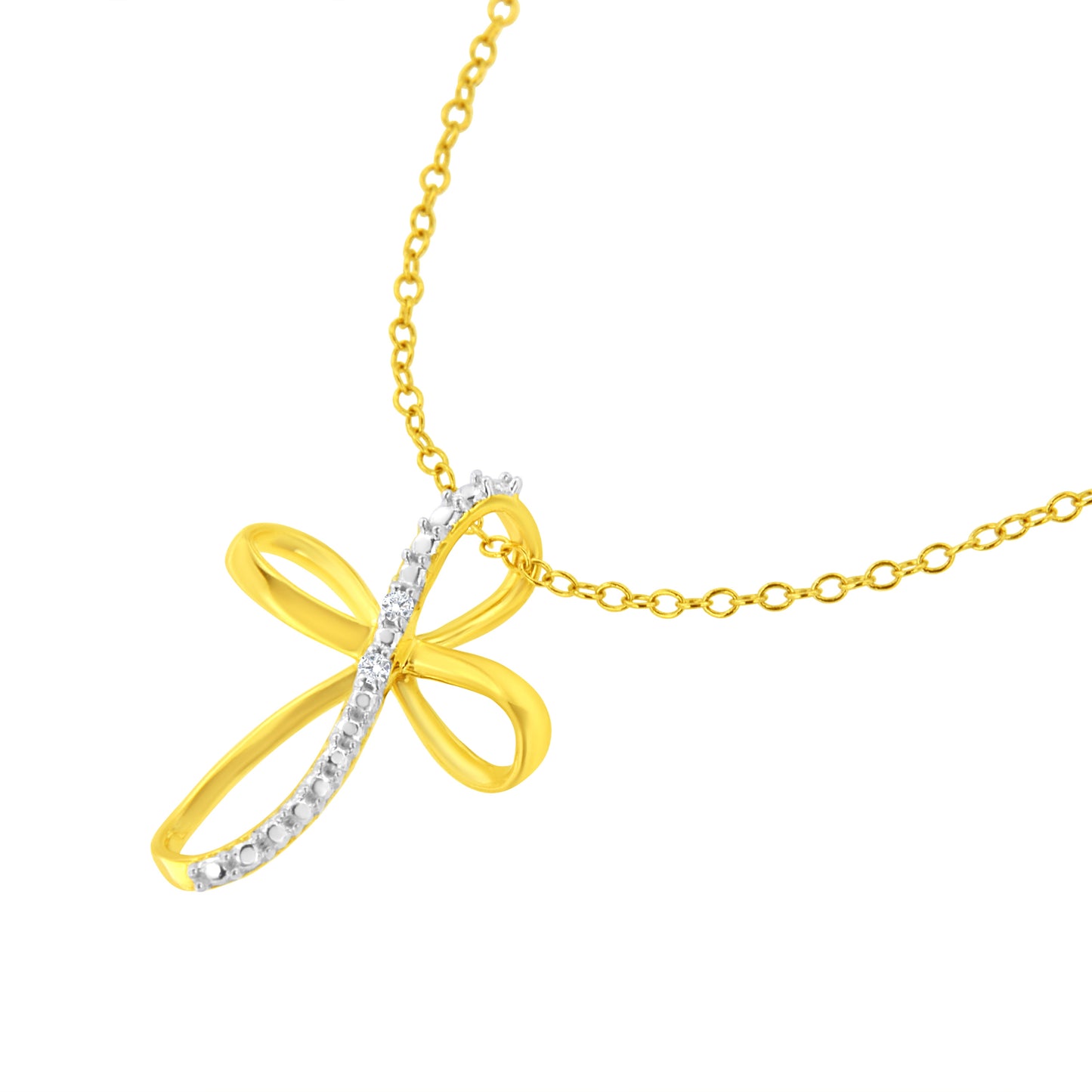 10K Yellow Gold Plated .925 Sterling Silver Diamond Accent Cross Ribbon 18" Pendant Necklace (I-J Color, I2-I3 Clarity)