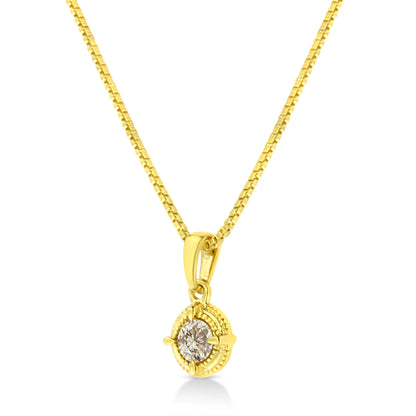 14K Yellow Gold Plated .925 Sterling Silver 1/2 Cttw Brilliant Round Cut Diamond Solitaire Milgrain 18" Pendant Necklace (K-L Color, I2-I3 Clarity)