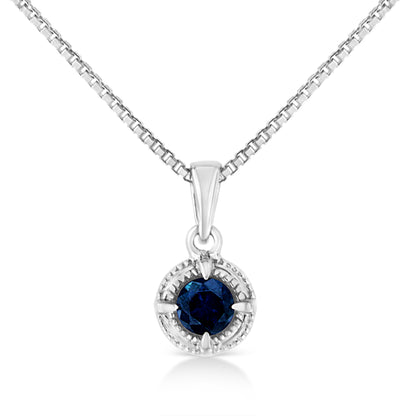 .925 Sterling Silver 3/4 Cttw Treated Blue Diamond Solitaire 18" Milgrain Pendant Necklace (Blue Color, I1-I2 Clarity)
