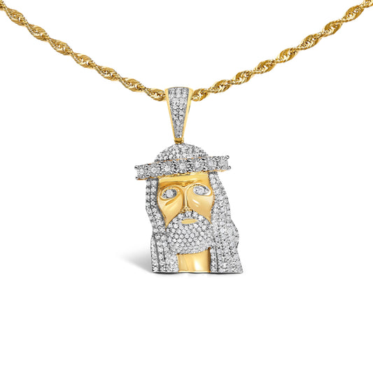 Collier avec pendentif Jésus clouté de diamants 1 1/3 Cttw en or jaune 10K pour homme