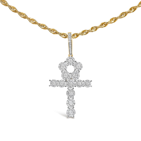 Collier avec pendentif croix ankh en or jaune 10K et diamants en grappe (poids total 1,75 carat) pour homme - 45,7 cm