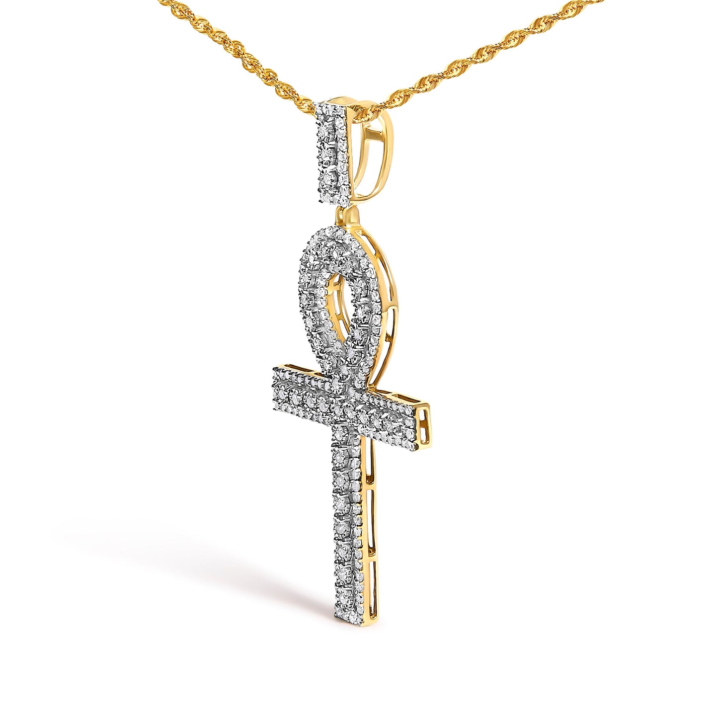 Men's 10K Yellow Gold 1.00 Cttw Diamond Ankh Cross Pendant Necklace