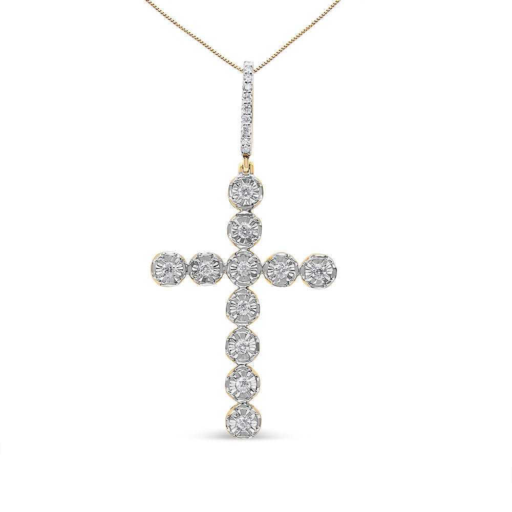 10K Yellow Gold 5/8 Cttw Miracle Set Round Diamond Circle Link Cross Men's Pendant Necklace