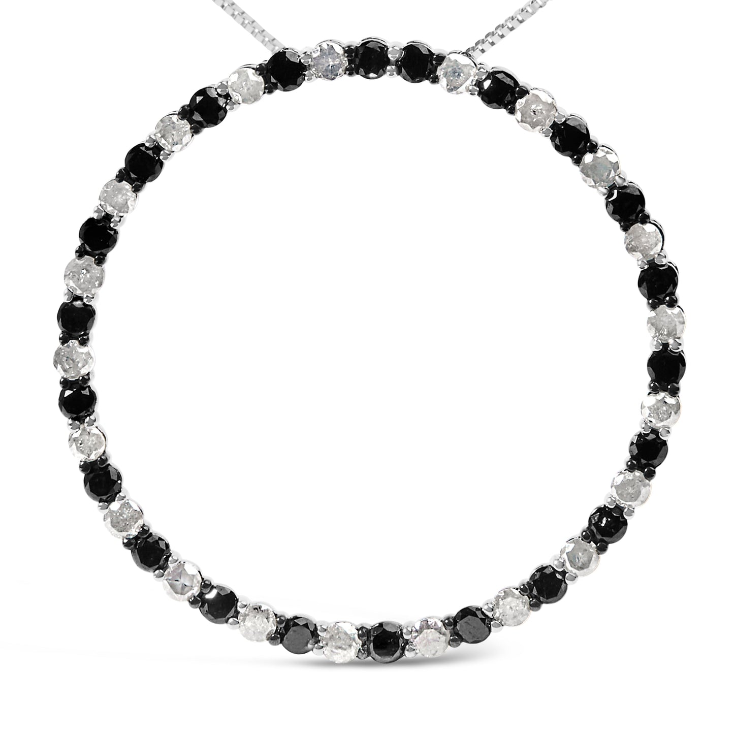 .925 Sterling Silver 3.0 Cttw Alternating Black and White Diamond Open Hoop Circle Pendant Necklace (H-I Color, I3 Clarity) - 18" Inches