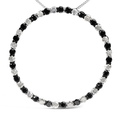 .925 Sterling Silver 3.0 Cttw Alternating Black and White Diamond Open Hoop Circle Pendant Necklace (H-I Color, I3 Clarity) - 18" Inches