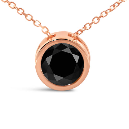 14K Rose Gold 3 1/2 Cttw Bezel-Set Black Round Diamond Solitaire Pendant Necklace (Black Color, I2-I3 Clarity) - 18"