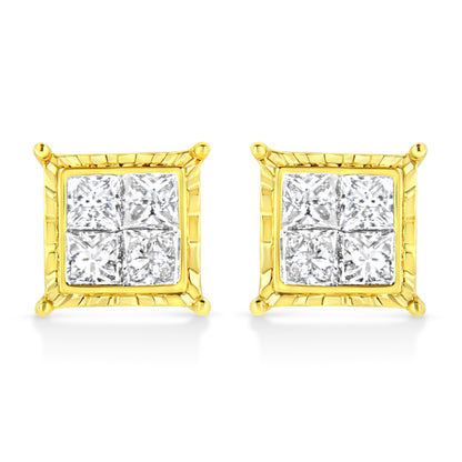 14K Yellow Gold 1 Cttw Princess Cut Diamond Square Stud Earrings